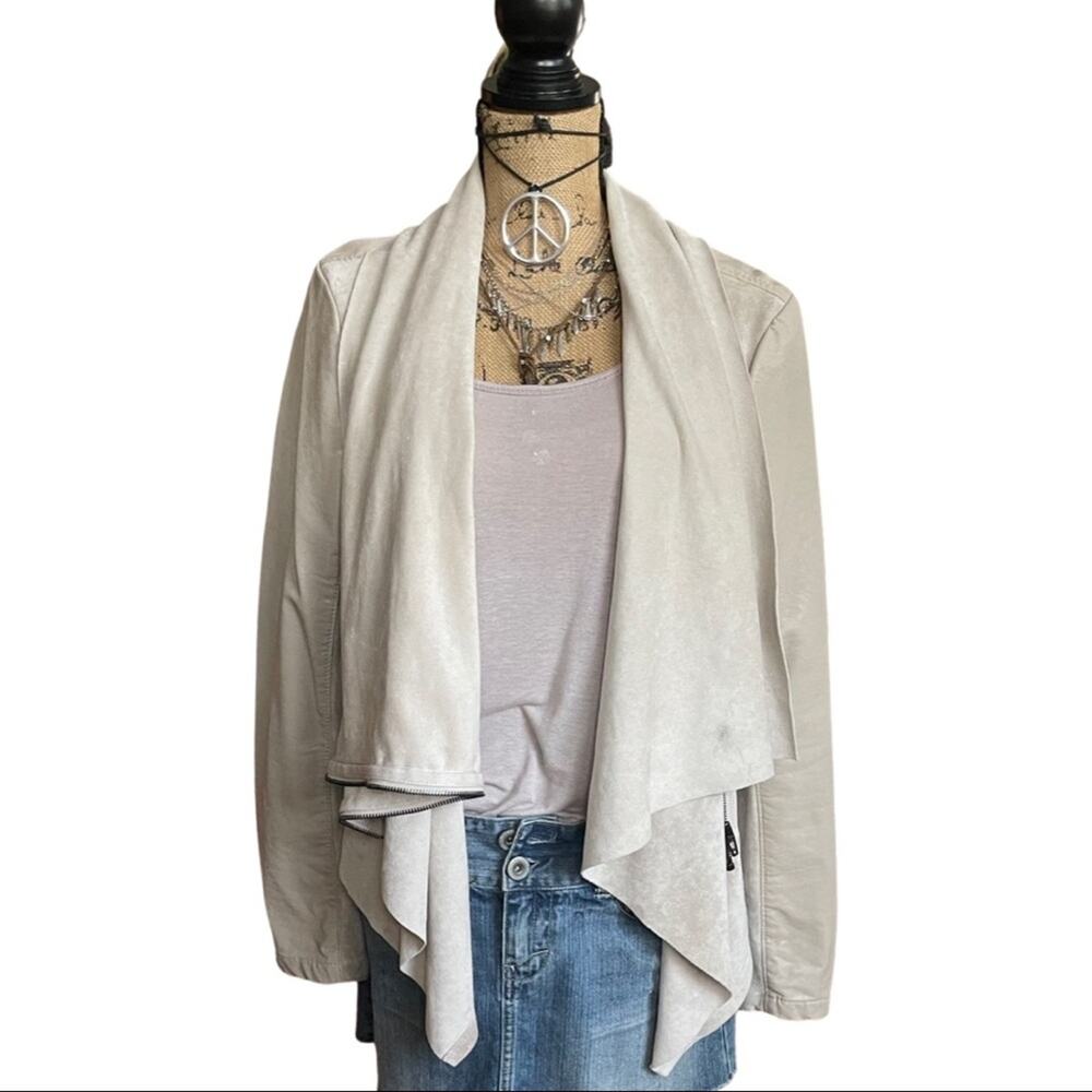 BLANKNYC tan Vegan Leather Suede Drape Moto Jacket wearable all-year-round Boho
